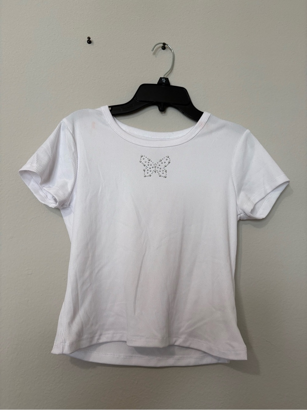 White Butterfly Rhinestone Ribbed Tee - Women